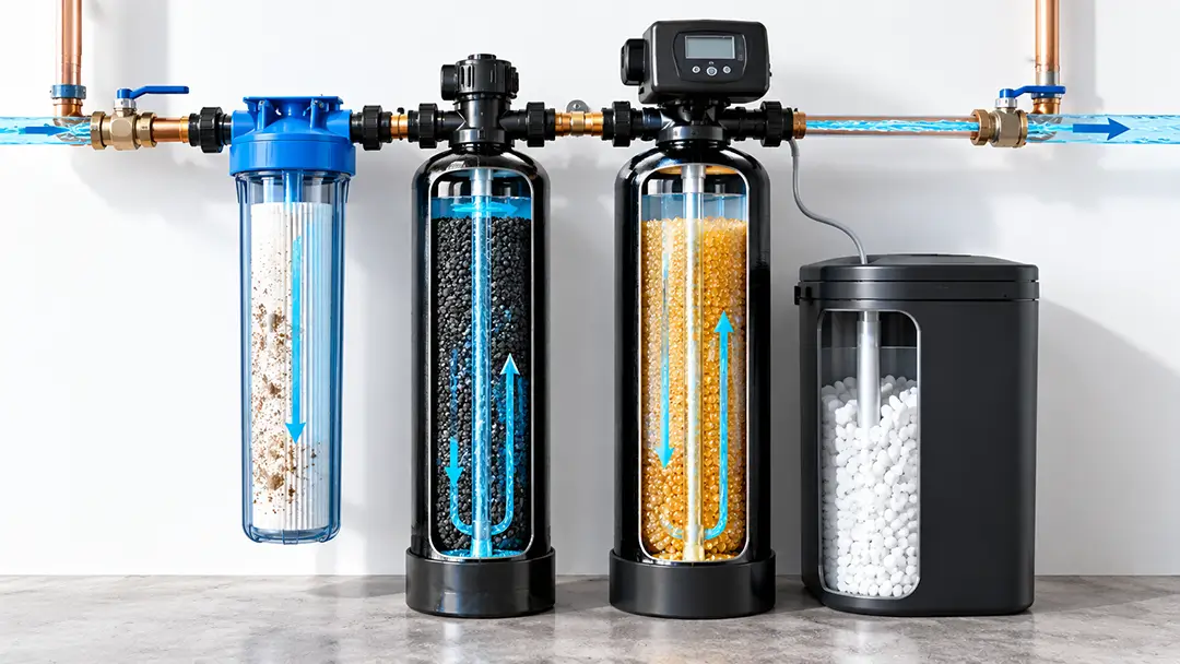 Cutaway of a multi-stage whole-home water treatment tank