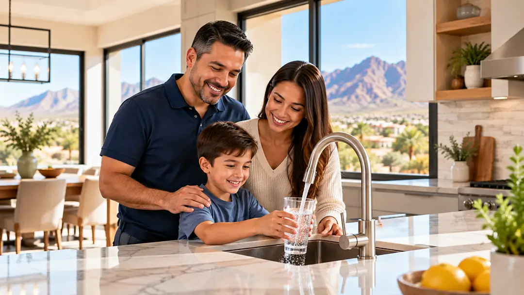 Family enjoying filtered water at the kitchen counter in an El Paso home