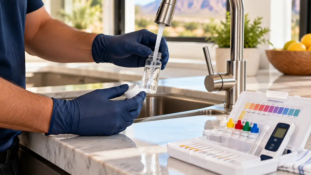 Technician testing water at a kitchen counter